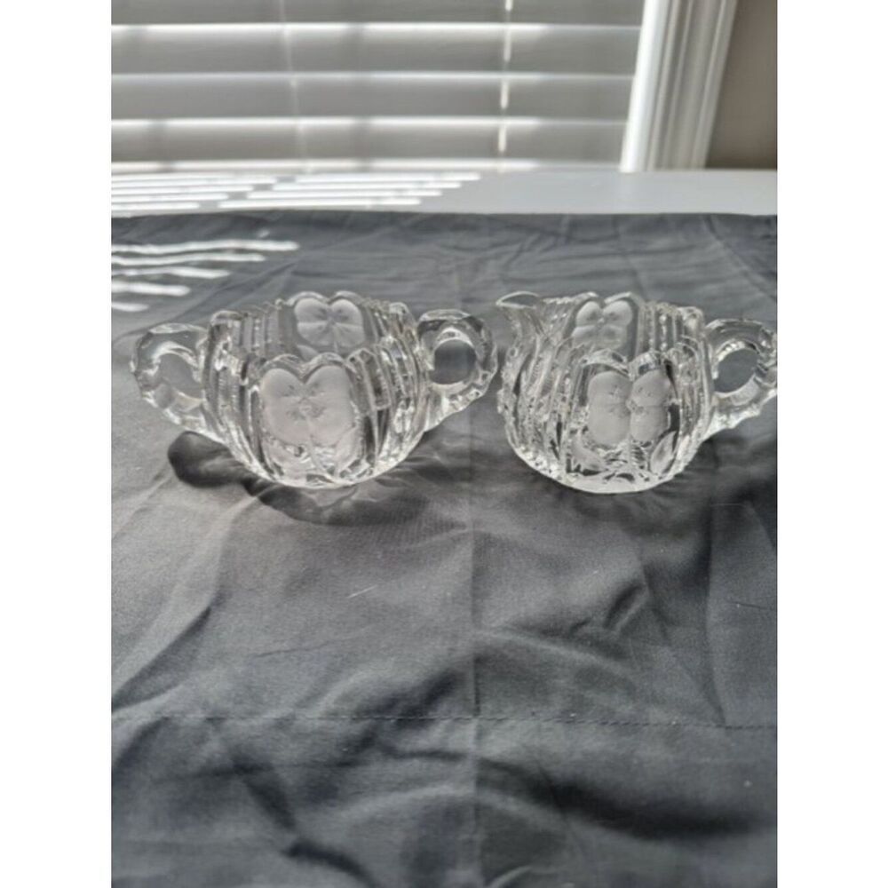 Vintage EAPG Clear Glass Sugar Bowl & Creamer Sawtooth Edge Set w Flower Design